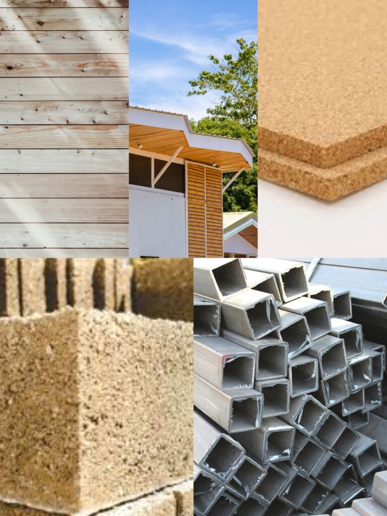 Cork,Hempcrete,wood, Bamboo, recycled steels