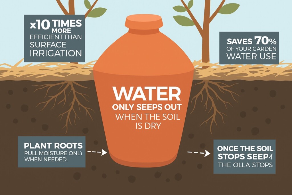 An infographic explaining the benefits of olla irrigation, showing how the buried terracotta pot saves 70% of garden water