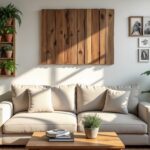 scene of a cozy, eco-friendly living room that highlights sustainable wall decor. The main focus is a striking piece of reclaimed wood art hanging above a plush, neutral-toned sofa. Nearby, a vertical garden featuring lush succulents and air plants is mounted on the wall, bringing a pop of vibrant green to the space. A gallery wall, composed of mismatched recycled frames, showcases a mix of black-and-white family photos and botanical prints. The room is bathcasting gentle shadows and enhancing the eco-friendly ambiance. innovative wall decor .