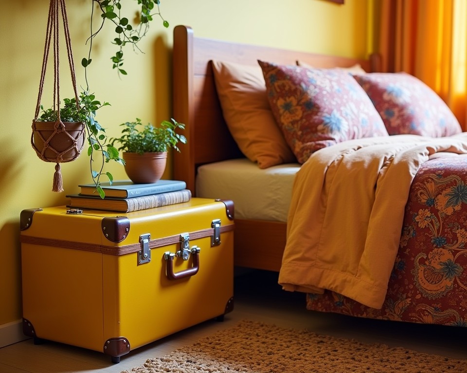 70s-inspired bedroom with a repurposed suitcase side table, showcasing creative and eco-friendly decor.