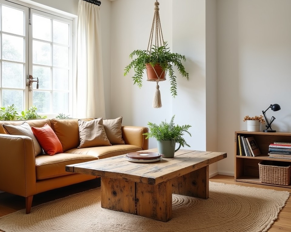 70s-inspired living room with a reclaimed wood coffee table and sustainable decor.