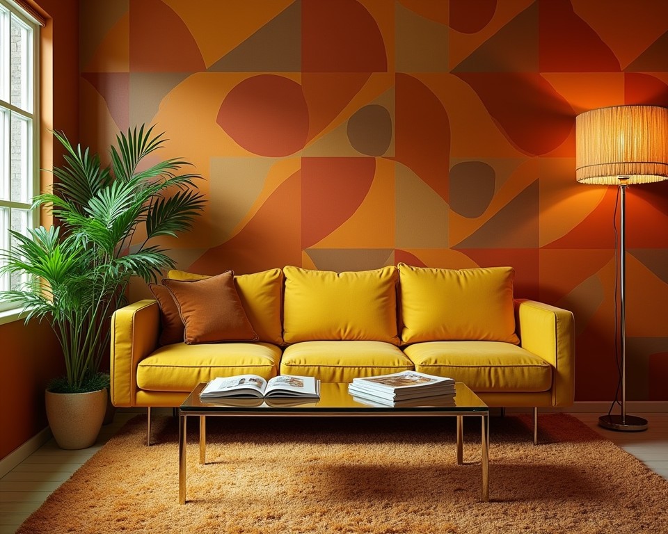 70s living room with geometric wallpaper and retro furniture.
