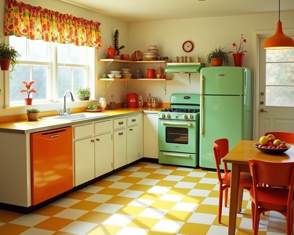 Retro 70s kitchen with colorful appliances and checkered flooring.