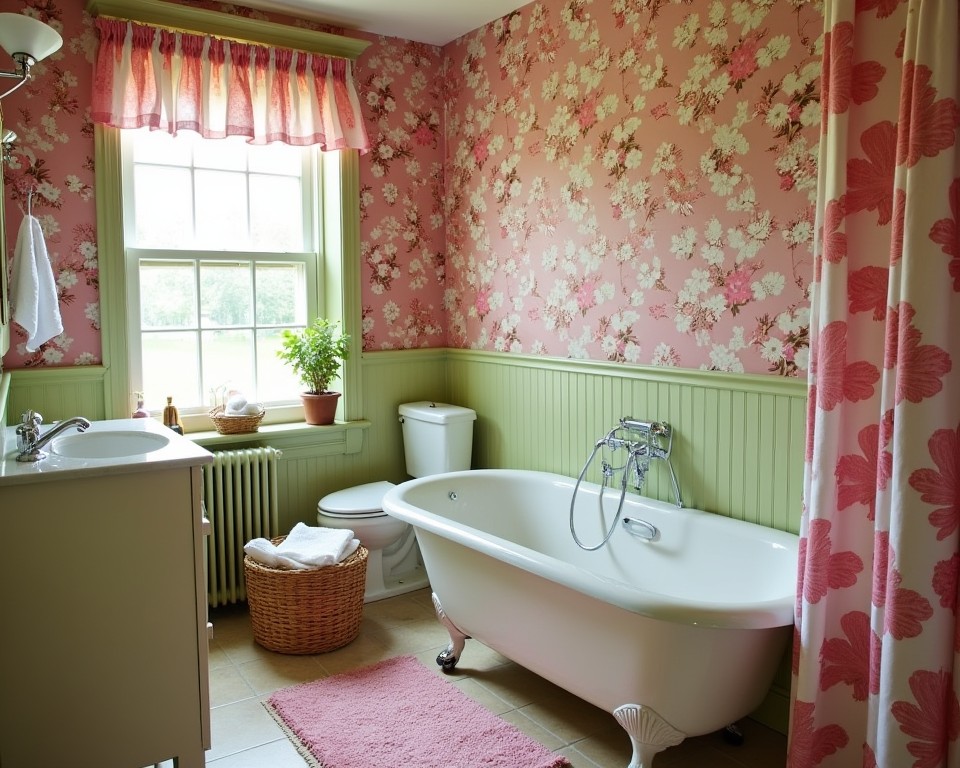 Funky 70s bathroom with floral wallpaper and vintage fixtures.
