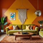 Vibrant 70s-inspired living room with retro furniture, bold wallpaper, and sustainable decor elements.
