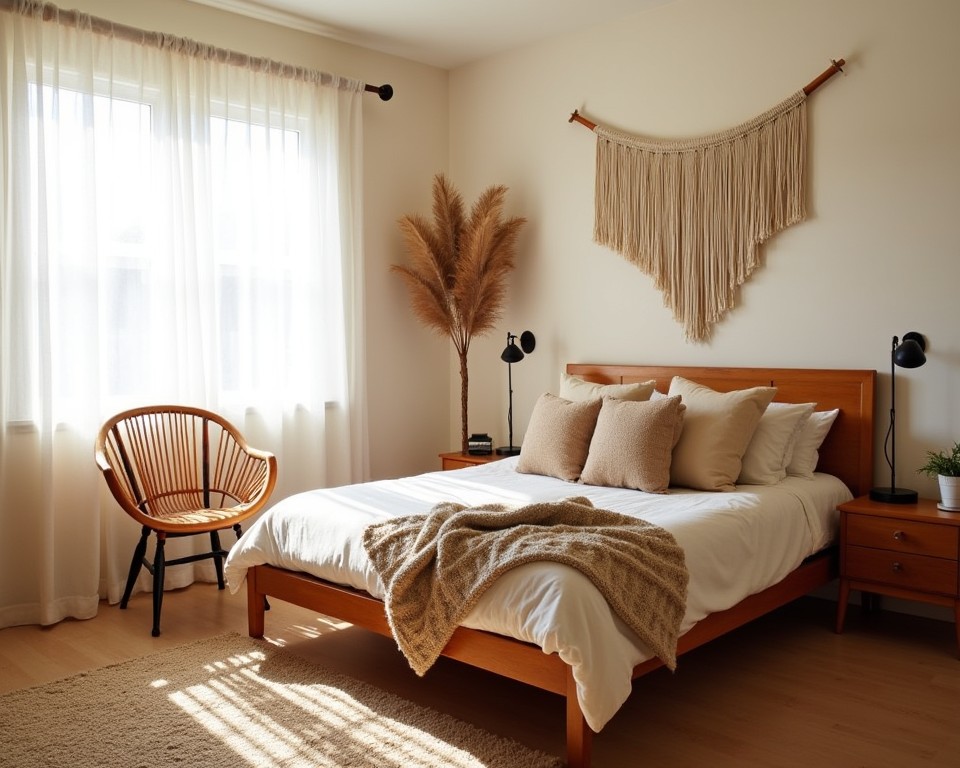 Eco-friendly 70s bedroom with thrifted furniture and natural textiles.