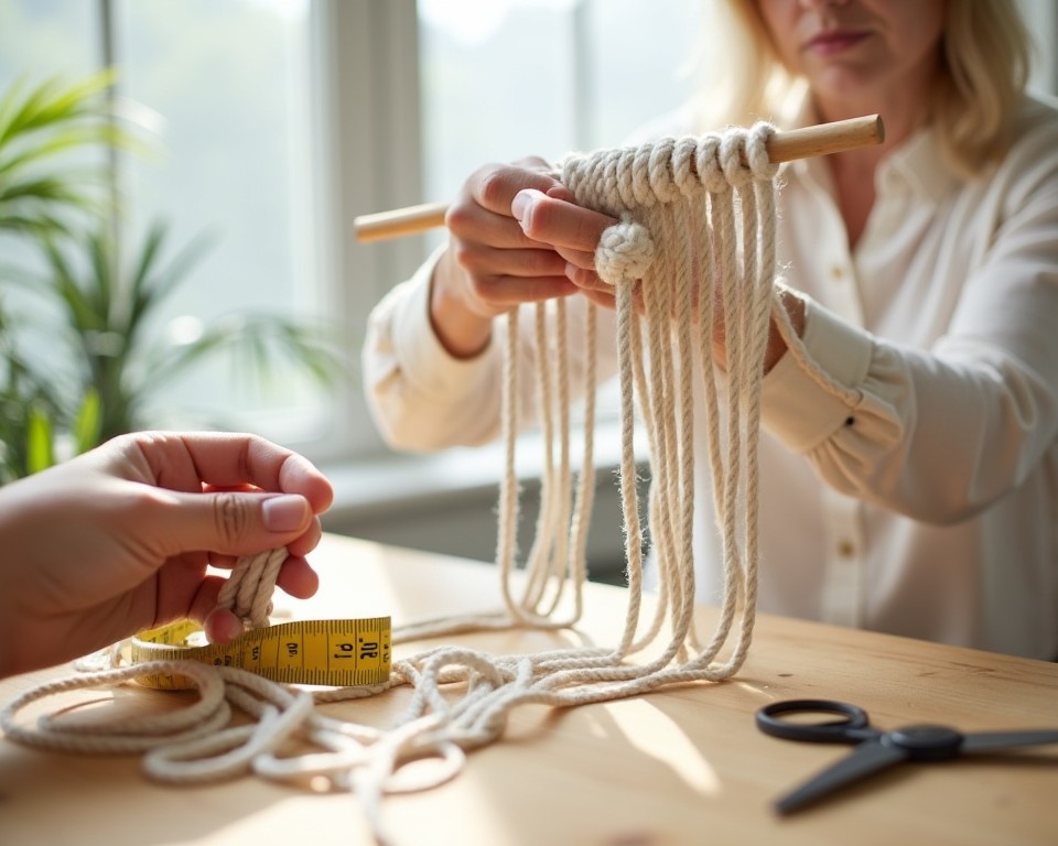 Hands crafting a macramé wall hanging, a DIY 70s decor project.