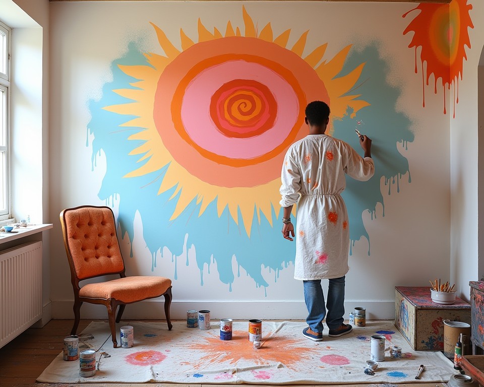 Artist painting a 70s-style mural, showcasing a creative DIY project.