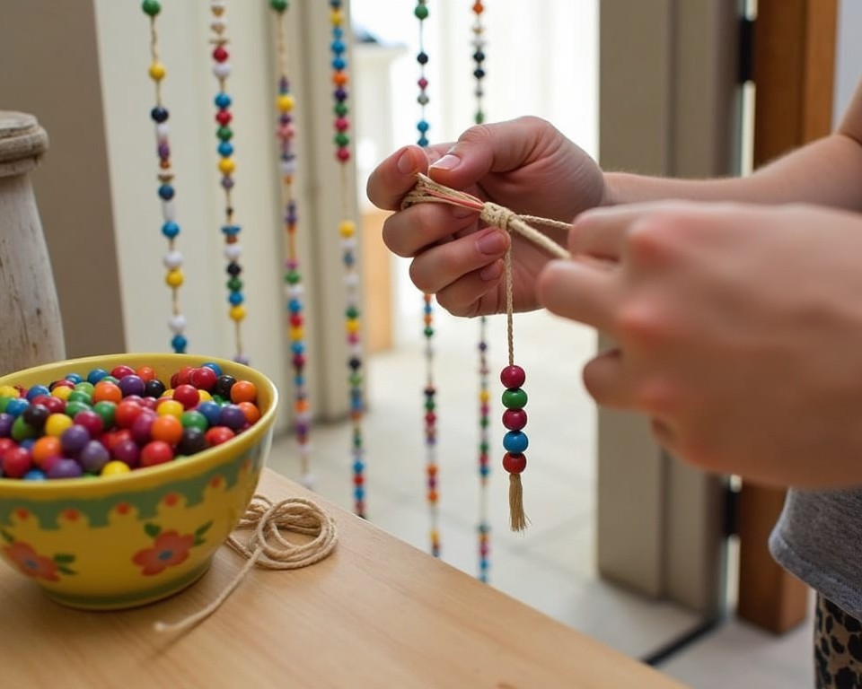 DIY beaded curtain in progress, capturing the essence of 70s decor.