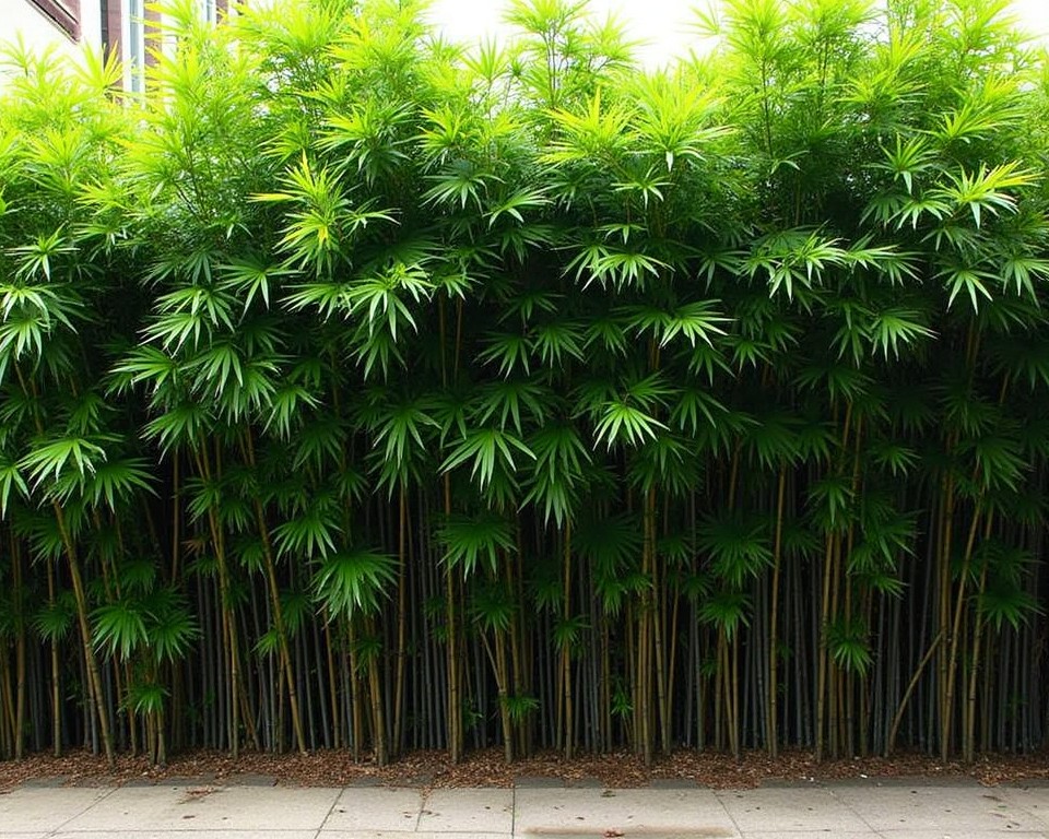 Tall bamboo privacy screen with black-stemmed Phyllostachys nigra, providing seclusion in a backyard garden