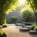 A tranquil bamboo garden with a winding path leading to a zen corner, featuring bamboo, a water feature, and lush greenery, bathed in golden sunlight.