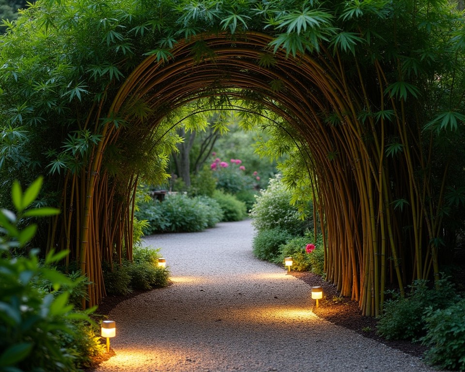 Gravel pathway lined with arching bamboo and solar lights, creating a serene garden walkway.