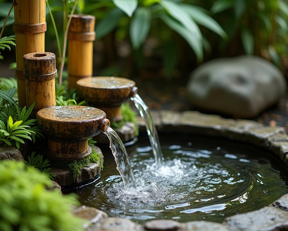 Bamboo water feature with spouts trickling into a stone pond, surrounded by lush ferns and moss."