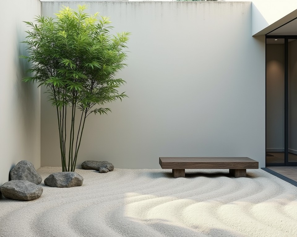 Zen garden corner with clumping bamboo, raked gravel, and river rocks, creating a peaceful retreat.