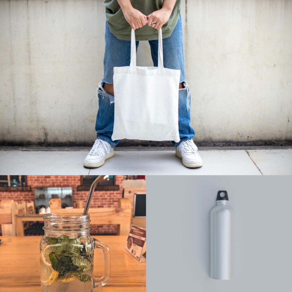 Three images of a man holding a tote bag ,stainless steel straws in fridge drink and a metal water bottle