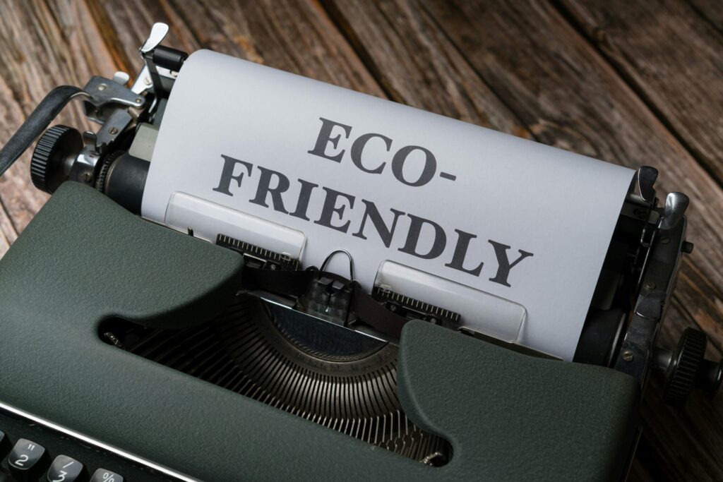 vintage typewriter with the words 'ECO-FRIENDLY' typed on the paper, symbolizing sustainable living.
