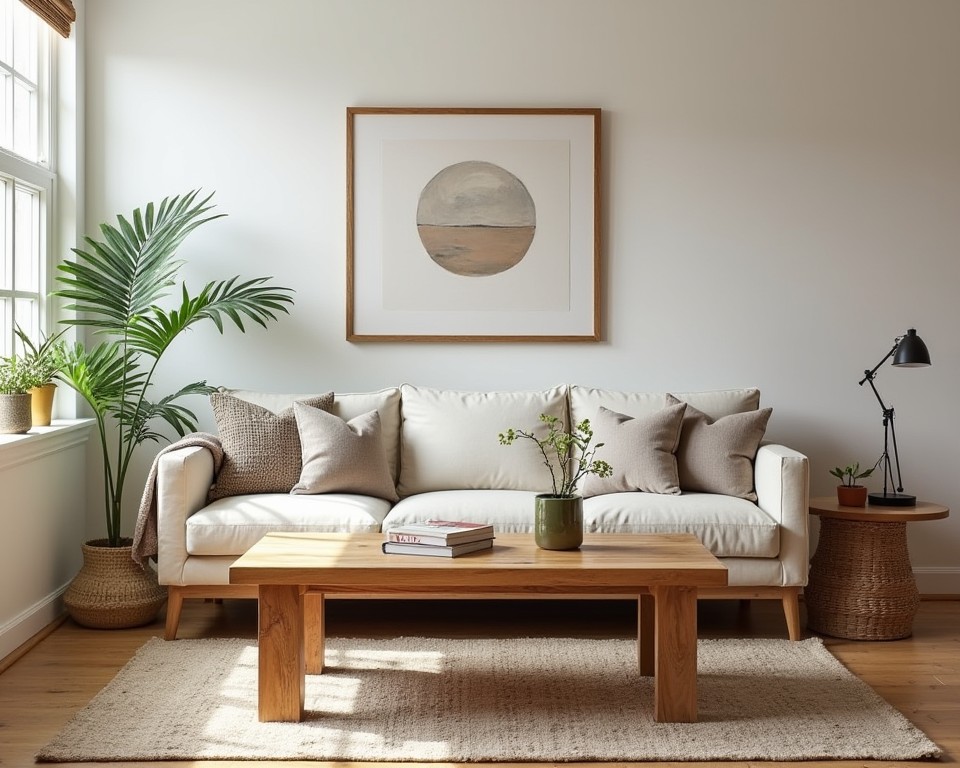 Sustainable living room with reclaimed wood furniture, natural textiles, and indoor plants.