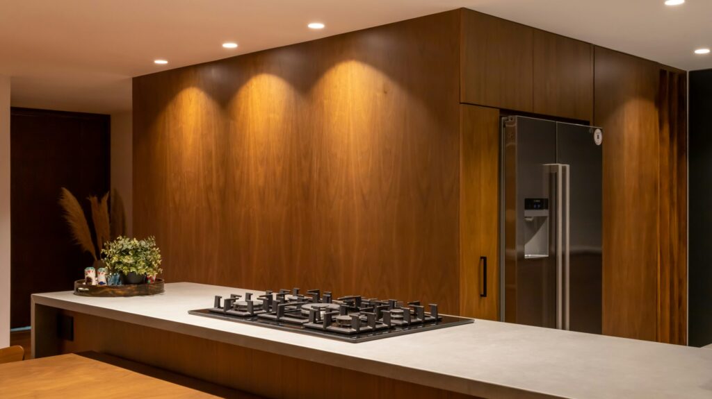 Energy-efficient kitchen with modern appliances, LED lights