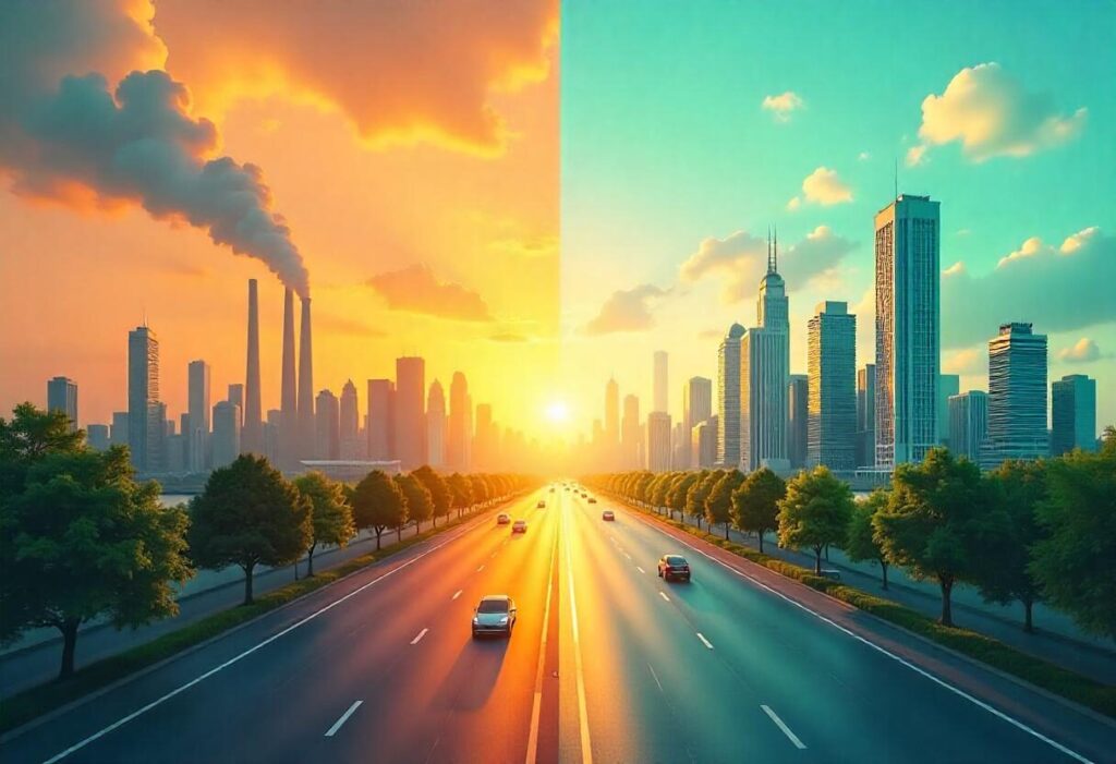 Split image comparing a polluted city to a green, sustainable city with eco-friendly technology.