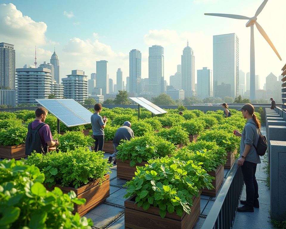 Urban rooftop farm with vertical gardens, solar panels, and community involvement