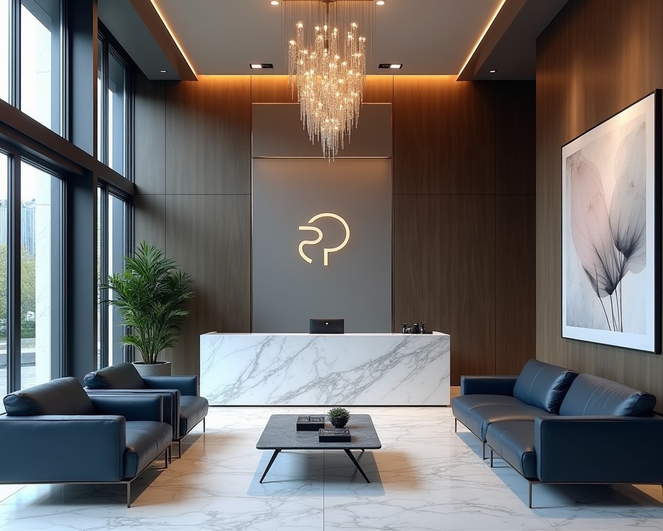 Modern corporate lobby with branded reception desk, leather seating, and statement chandelier.