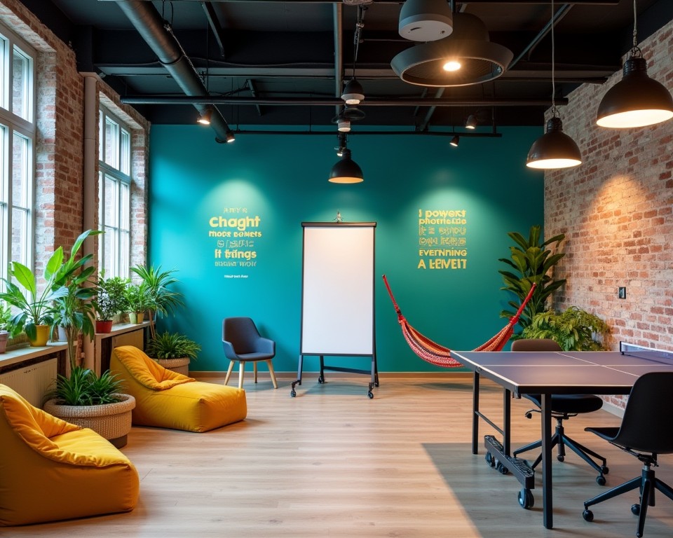 Creative startup office with modular furniture, breakout zones, and vibrant accent walls.