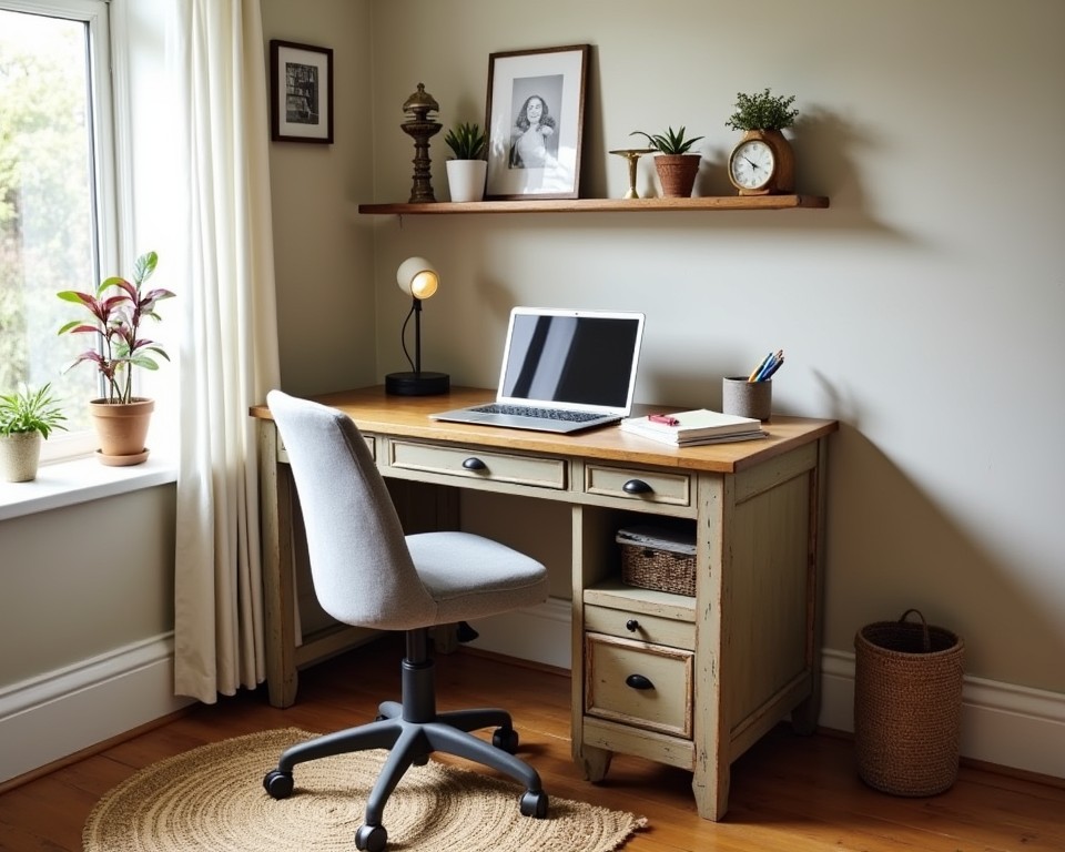 Cozy home office with vintage desk, ergonomic chair, and personal decor touches