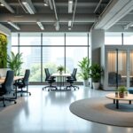 Modern office with natural light, greenery, and flexible workspaces, blending style and sustainability.