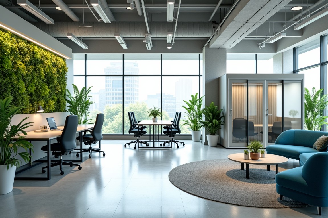 Modern office with natural light, greenery, and flexible workspaces, blending style and sustainability.