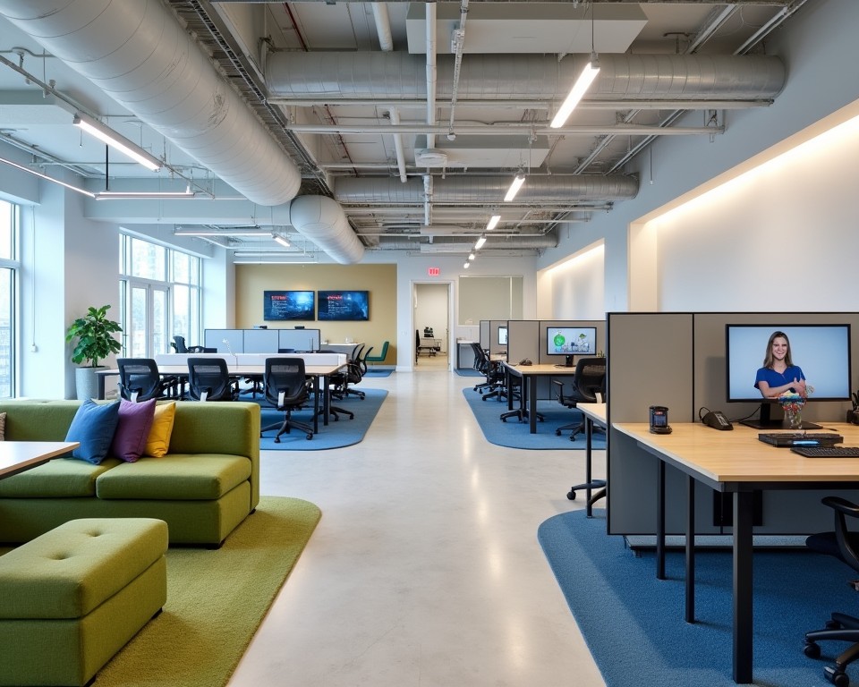 Flexible hybrid workspace with modular furniture, standing desks, and integrated technology for remote collaboration