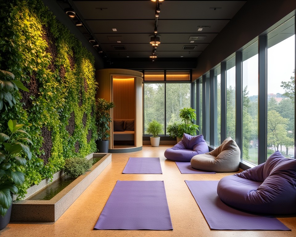 Tranquil wellness zone with yoga mats, a living wall, and natural elements for employee relaxation.