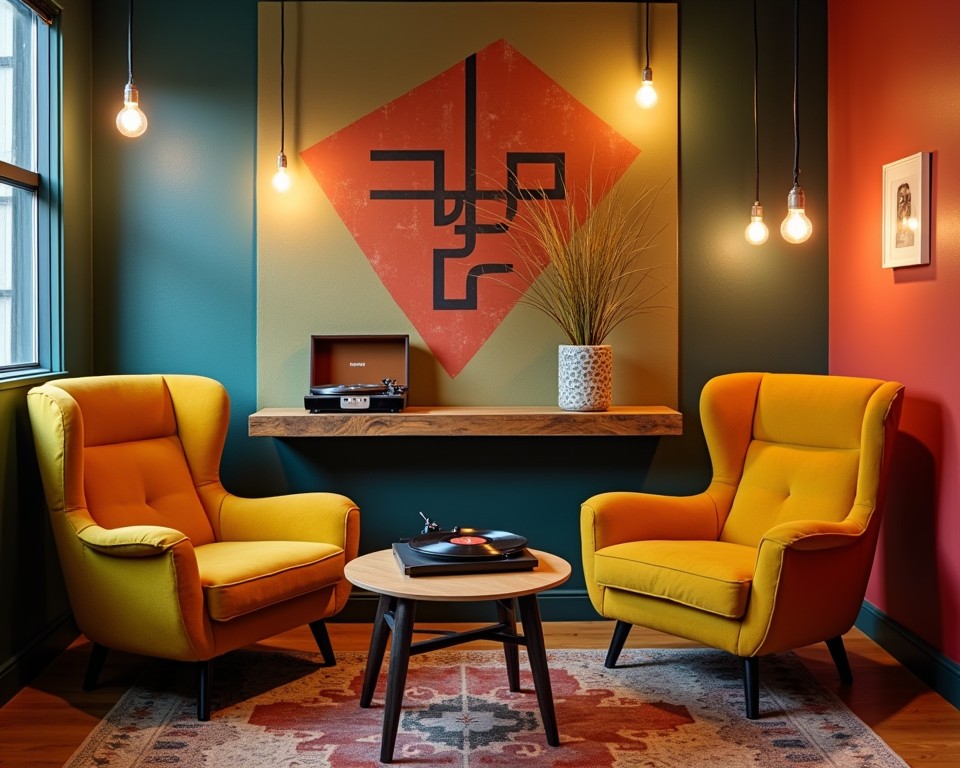 Retro-inspired lounge area with vintage furniture, a record player, and modern tech accents.