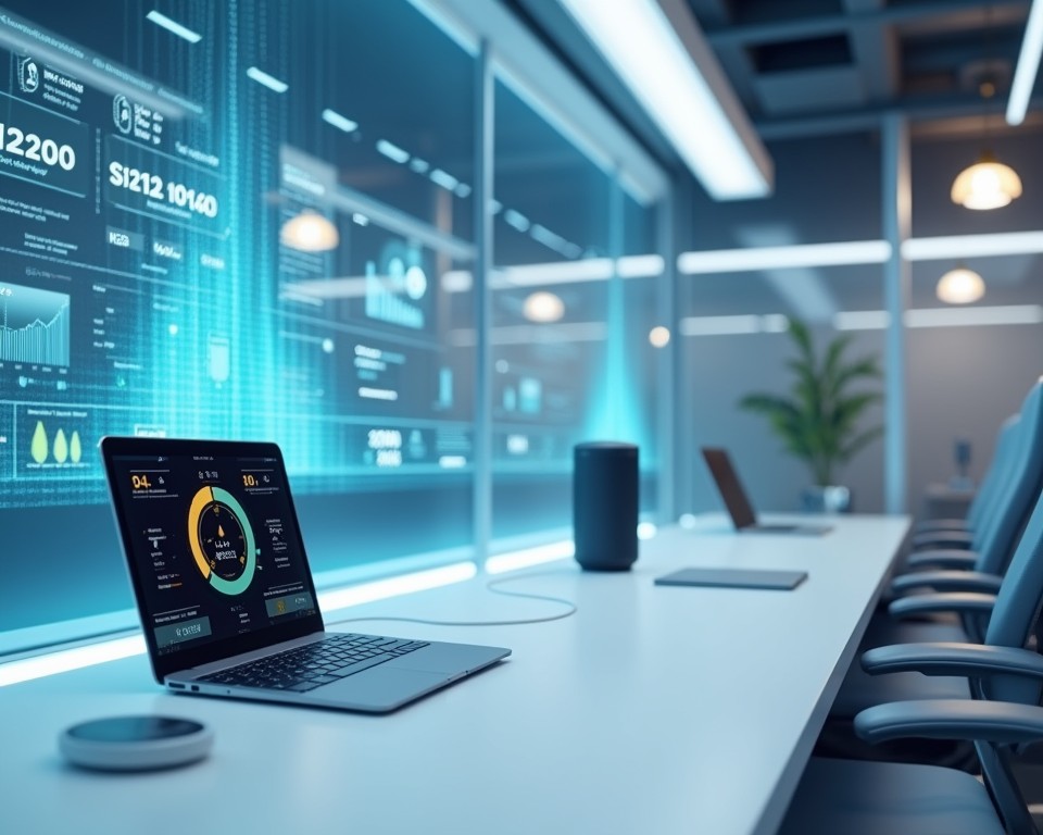 Smart office with automated lighting, voice controls, and energy monitoring for a high-tech workspace.