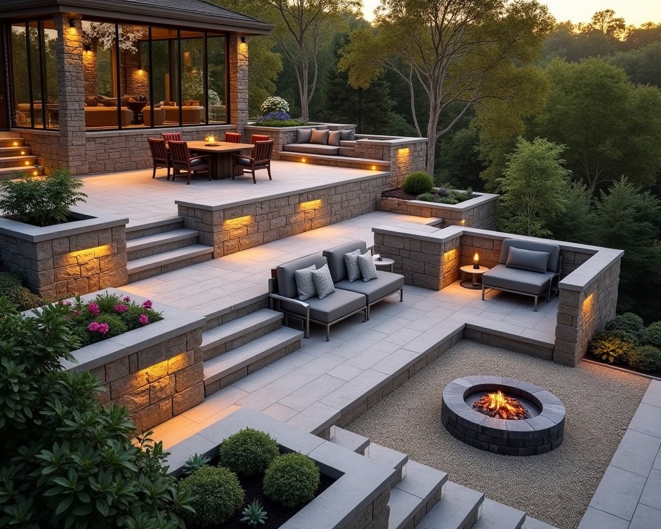 Multi-level terraced patio with dining, lounging, and fire pit areas on a sloping yard.