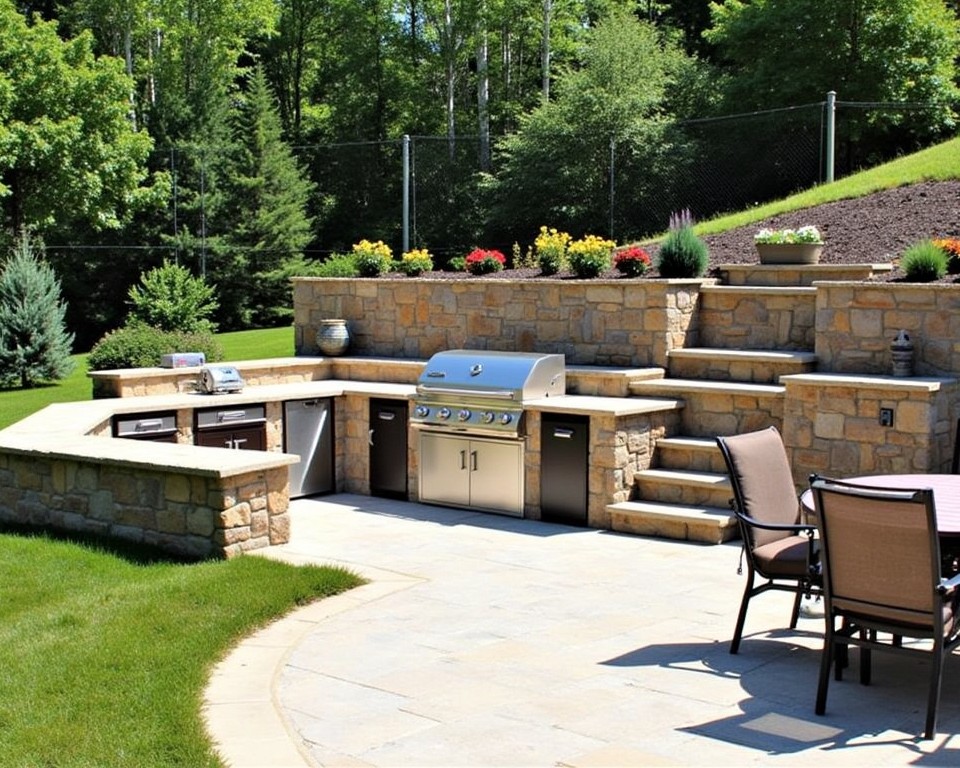 Outdoor kitchen patio on a slope with a grill and dining area.