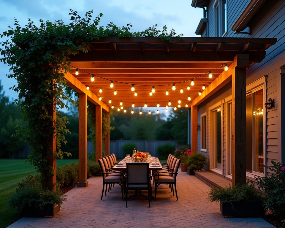 Sloping patio with a pergola and dining area, shaded by vines.