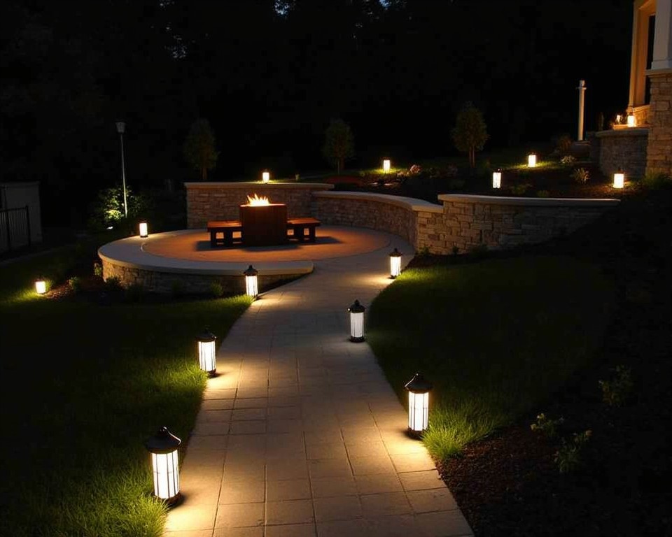 Sloping patio with pathway lights and uplighting on retaining walls.