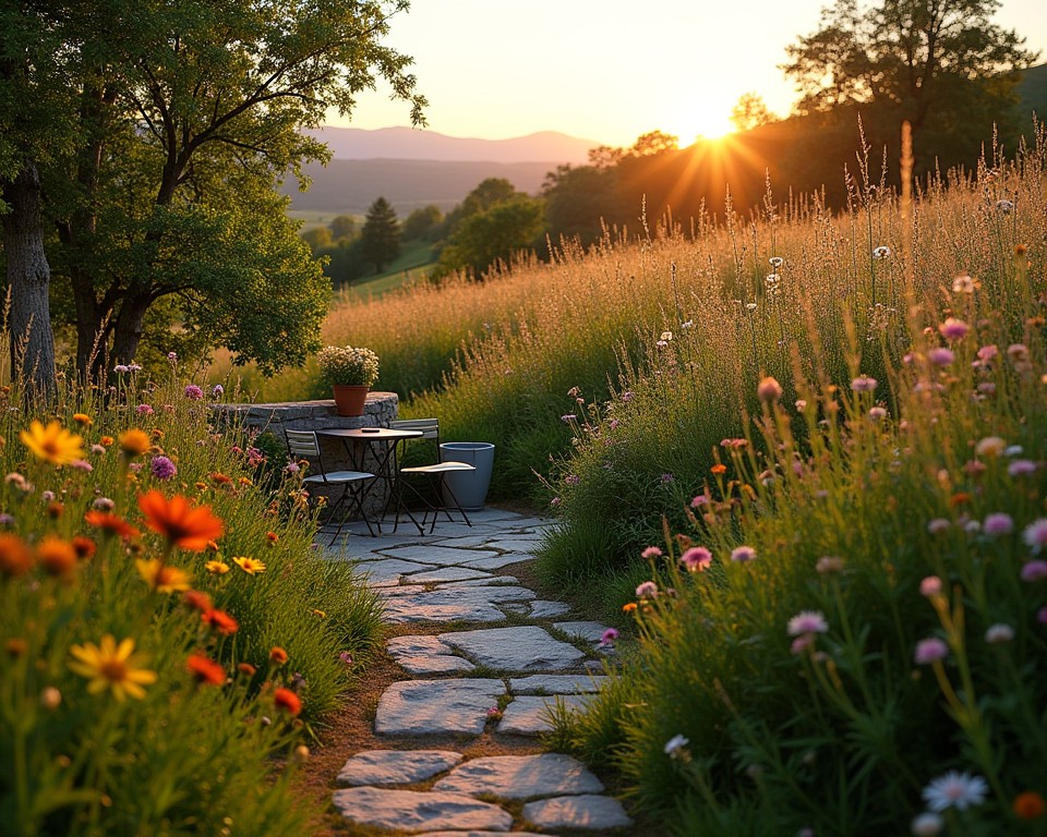 Sloping patio surrounded by a wildflower meadow with native plants.