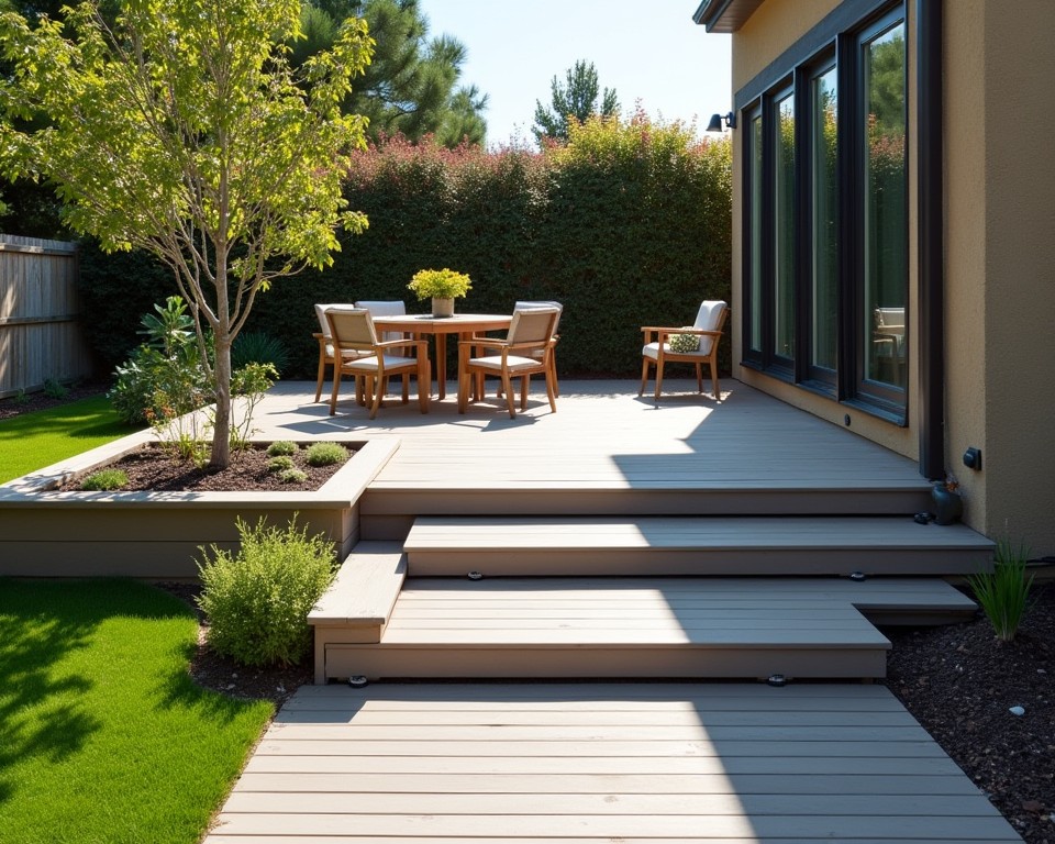 Eco-friendly sloping patio with recycled decking and solar lighting.