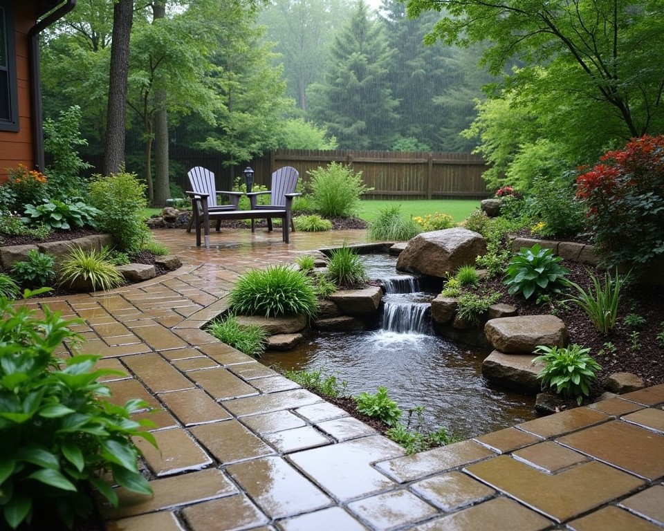 Sloping patio with a rain garden and permeable pavers for sustainable drainage.