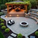 Aerial view of a multi-tiered sloping patio with lush landscaping and sustainable features.