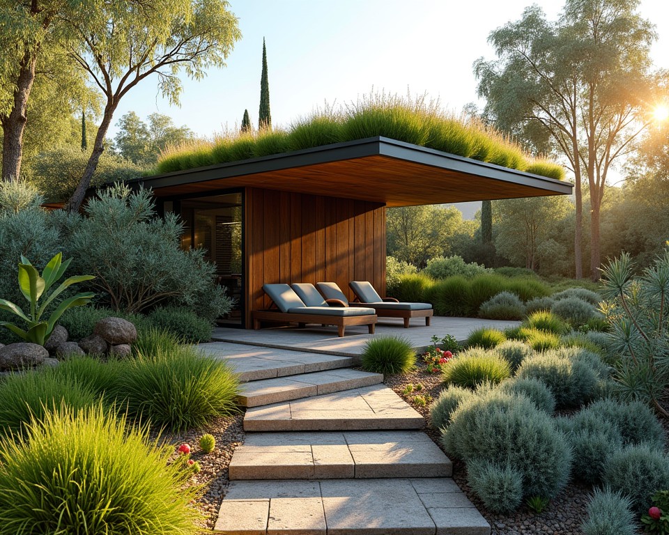 Sloping patio with a green roof pavilion and lounge seating.