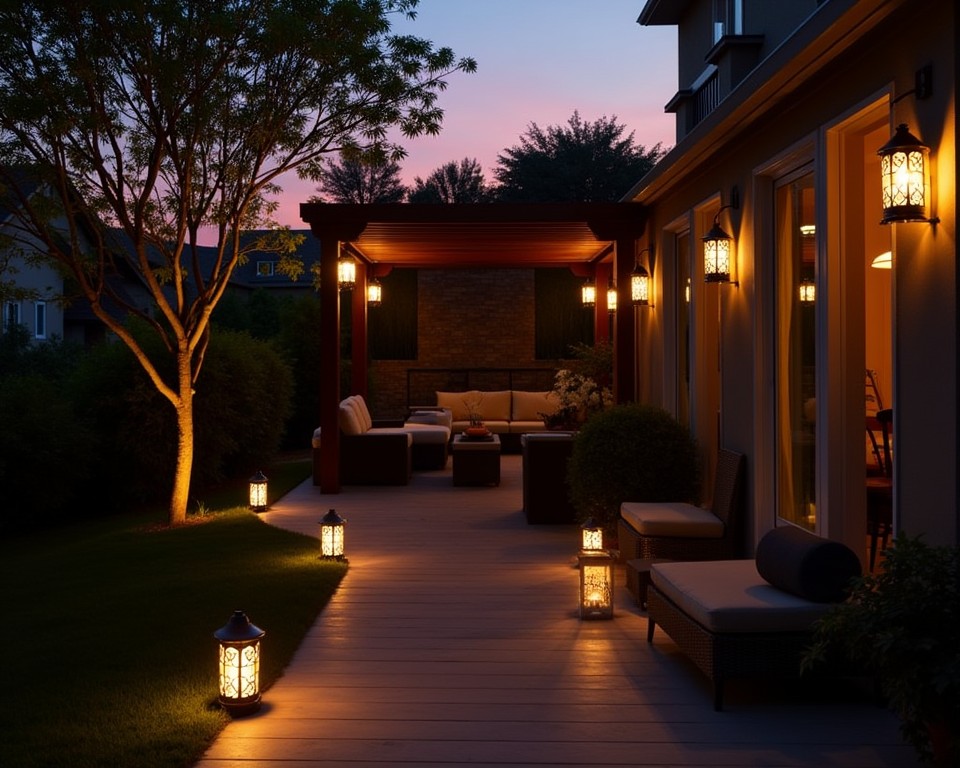 Sloping patio with solar lanterns providing ambient lighting for a dining area.