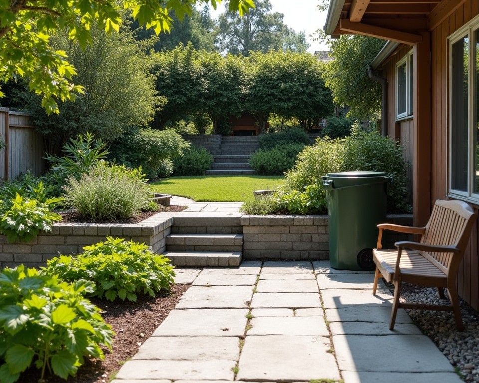 Sloping patio with a composting station and herb garden, promoting sustainability.