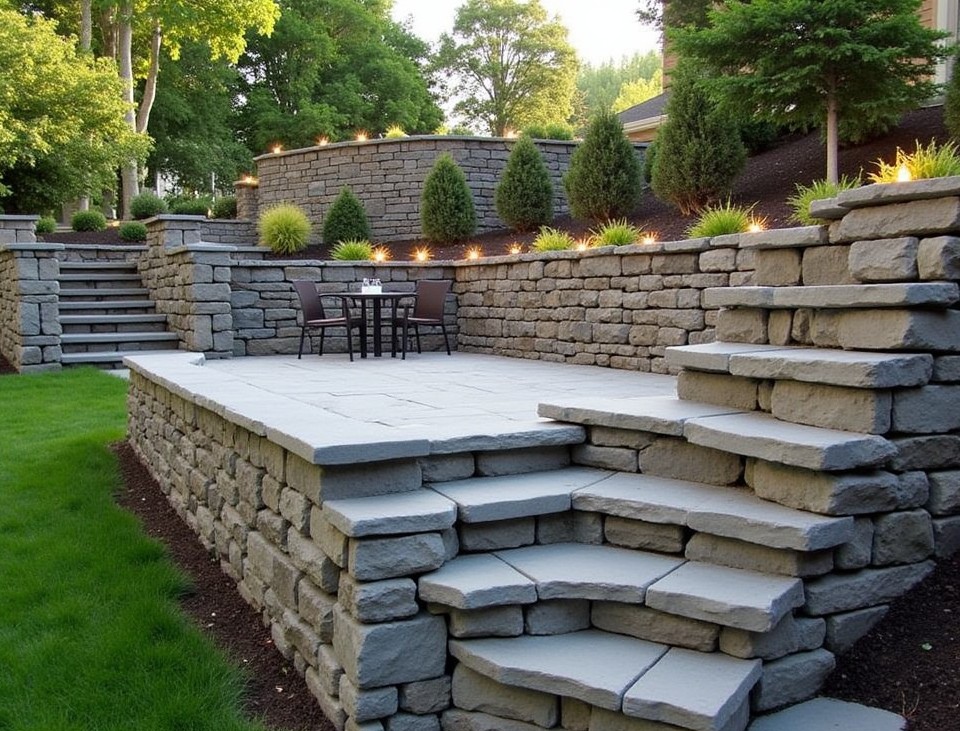 Sloping patio with a stone retaining wall and cozy seating area.