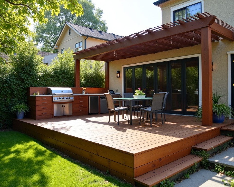 Raised wooden patio with an outdoor kitchen and dining area on a slope.