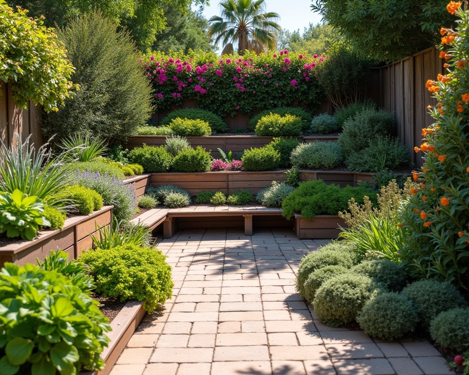 Tiered garden patio with flowers, herbs, and succulents on a sloping yard.