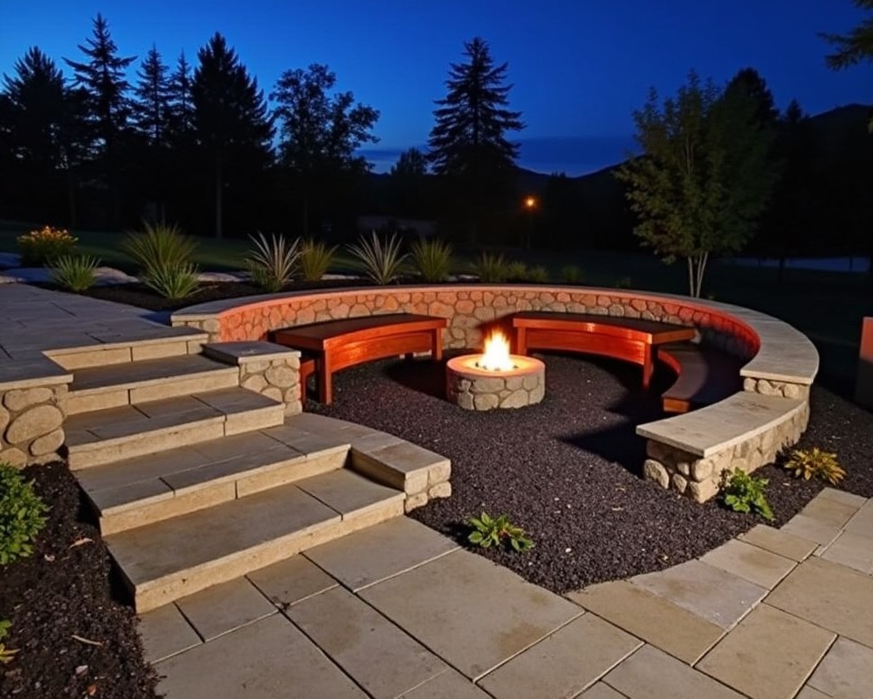 Sloping patio with stone steps leading to a fire pit seating area.