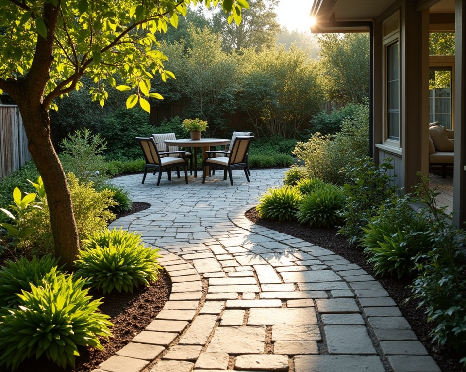 Curved paver patio winding through a garden on a slope.