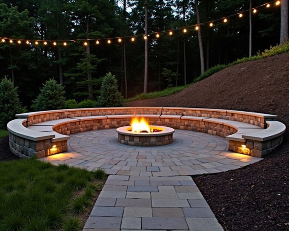 Sloping patio with built-in stone seating around a fire pit.